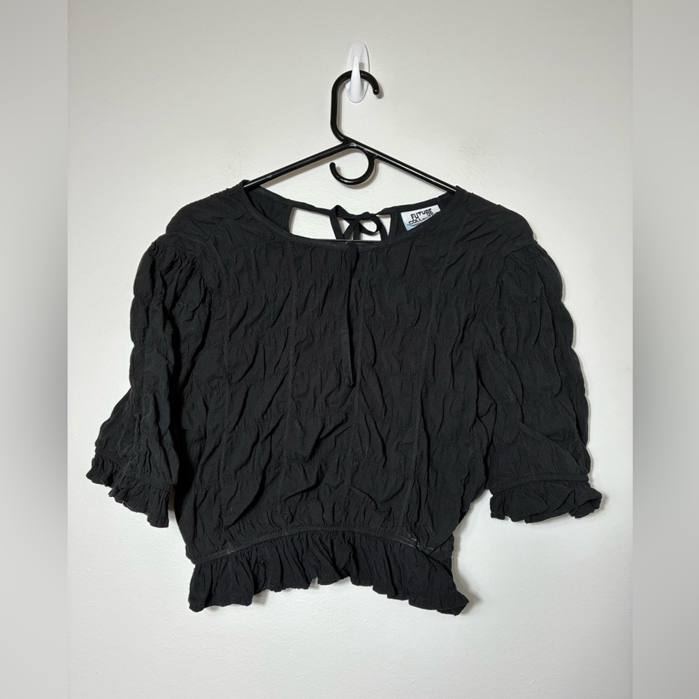 Future collective Gauzy Cropped Top Black Sz Small Goth Keyhole Tie Short Sleeve